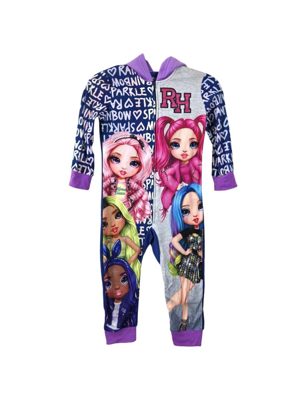 Rainbow High Girls XS 4/5 Fleece Hooded Pajamas Colorful Dolls Design Full-Zip